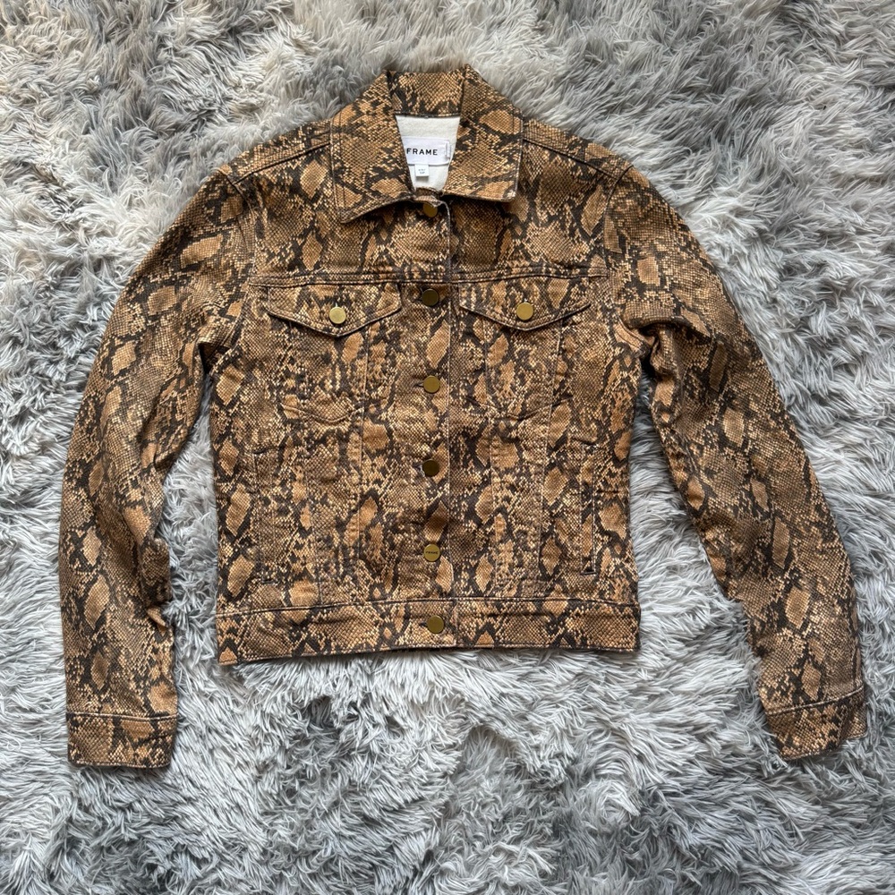 Frame Denim Women's Brown Snakeskin Print Jacket Coated Python XS Gold Buttons